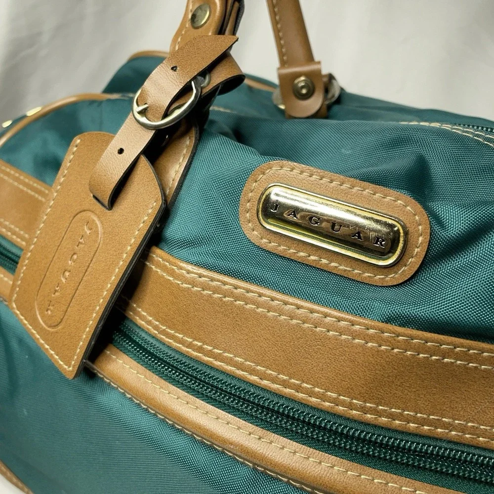 Vintage Jaguar Canvas Leather Duffle Bag Green Medium Large 90s Travel Luggage